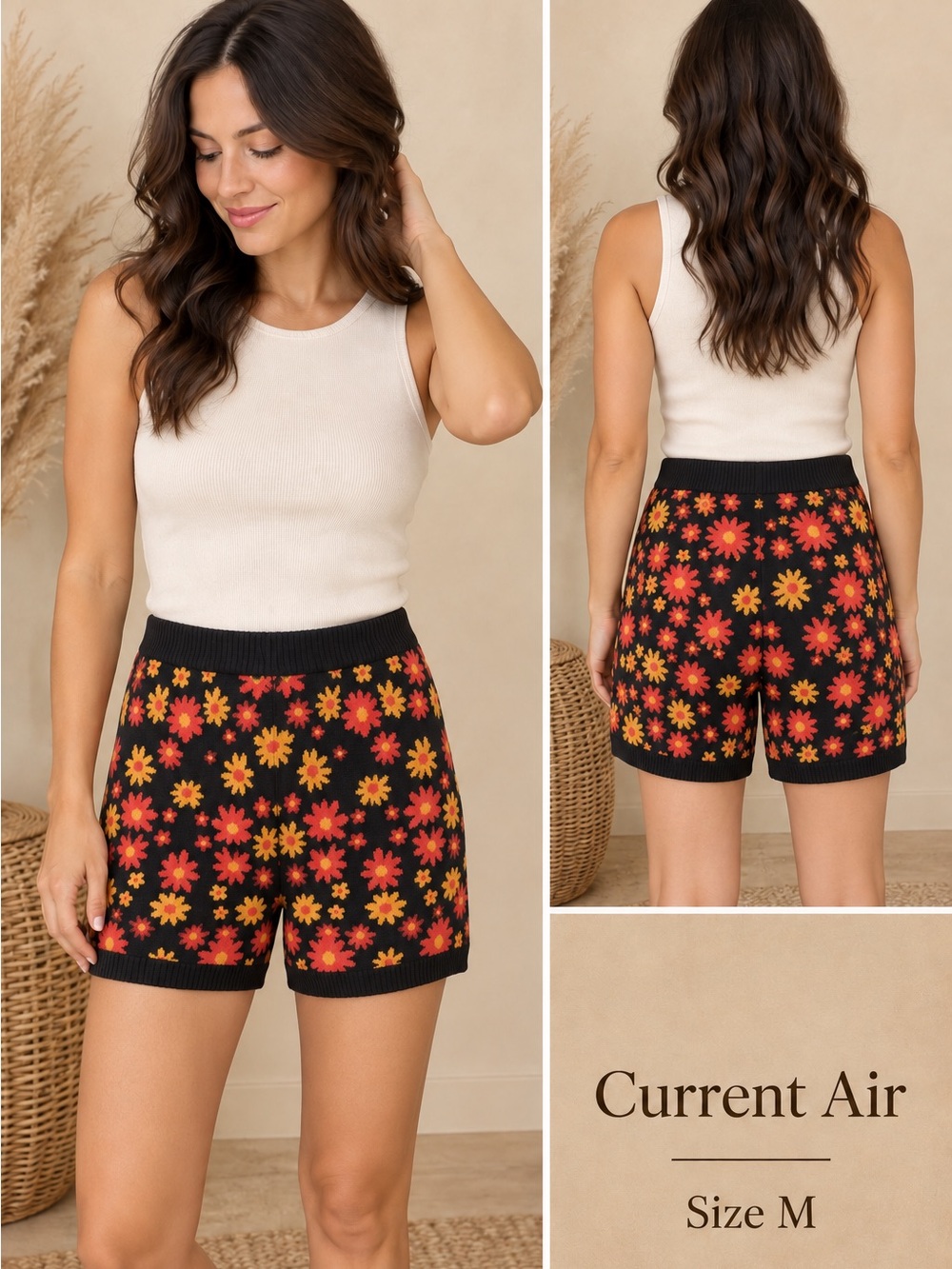 Current Air Black Knit Shorts with Red & Orange Floral Print